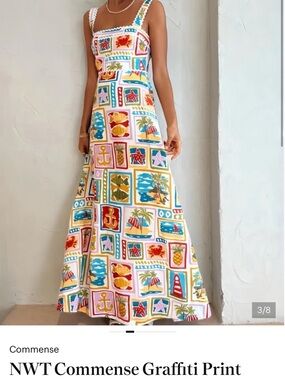 Commense White Maxi Dress with Red, Blue, Yellow & Pink Motifs